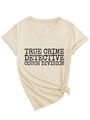 Detail of V-neck T-shirt with True Crime Detective print and stylish front knot design - S / Sand