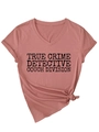 Detail of V-neck T-shirt in dusty rose with True Crime Detective print and side knot - S / Smoky Pink