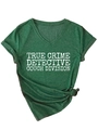 Detail of V-neck forest green T-shirt with rolled sleeves and front tie knot detail - S / Vintage Green
