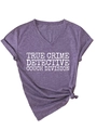 Detail of V-neck purple T-shirt with rolled sleeves and a side knot hem styling - S / Lilac Purple