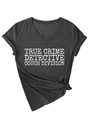 Detail of V-neck dark grey T-shirt with True Crime Detective text and rolled sleeves - S / Black Heather Grey