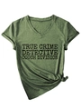 Detail of army green V-neck T-shirt with True Crime slogan and stylish front knot - S / Olive Green