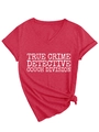 Detail of red heather V-neck T-shirt with True Crime print and stylish front knot - S / Red