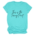 Detailed flat lay of mint green cotton t-shirt featuring This is the Turning Point text - Deep Water Blue (Black Font)