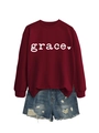 Detail of burgundy heart print sweatshirt and distressed denim shorts casual set - Wine Red Sweatshirt (White Font)
