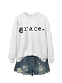 Flat lay of gray sweatshirt with grace heart print and ripped denim shorts on white background - Off-White (Black Font)