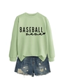 Flat lay of a light green Baseball Mama sweatshirt paired with distressed denim shorts - Olive Green (Black Font)