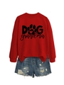 Flat lay of red Dog Grandma sweatshirt with paw print and distressed denim shorts - Red (Black Font)