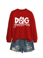 Detail of red crewneck sweatshirt with Dog Grandma print and distressed denim shorts - Bright Red (White Font)