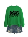 Close-up of green crewneck sweatshirt with 'DOG grandma' text and paw print design - Grass Green (Black Font)