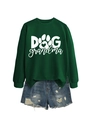 Detail of Dog Grandma sweatshirt with ribbed cuffs and blue distressed denim shorts - Dark Green