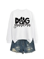 Flat lay of white long sleeve sweatshirt with black Dog Grandma print and denim shorts - White