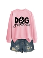 Close-up of pink crewneck sweatshirt with Dog Grandma print and distressed denim shorts - Pink