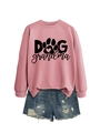 Flat lay of pink Dog Grandma sweatshirt with distressed blue denim shorts on white background - Rose Gold