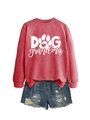 Detail of red crewneck sweatshirt with Dog Grandma print and distressed denim shorts - Red (White Font)