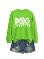 Flat lay of green Dog Grandma sweatshirt with paw print design and distressed denim shorts - Neon Green (White Font)