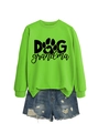 Detail of neon green Dog Grandma sweatshirt with paw print heart and ribbed cuffs - Neon Green (Black Font)