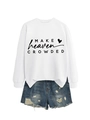 Detail of white sweatshirt with Make Heaven Crowded print and distressed denim shorts - White (Black Font)