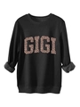 Close-up of black GIGI sweatshirt with leopard print letters and grey fleece lining - Black