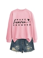 Pink crewneck sweatshirt with 'Make Heaven Crowded' text paired with denim shorts - Pink (Black Text)