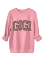 Detailed view of pink sweatshirt with GIGI leopard print lettering and ribbed cuffs - Peach