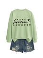 Detail of mint green sweatshirt with letter print and distressed denim shorts with fringe - Olive Green (Black Font)