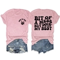 Detail view of pink T-shirt back print BIT OF A MESS BUT DOIN' MY BEST and denim shorts - S / Pink