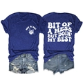 Front and back view of a navy T-shirt with 'Bit of a mess but doin' my best' print - S / Vintage Blue