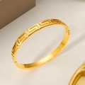 Elegant gold titanium steel bangle featuring a classic Greek key geometric hollow pattern - Great Wall Pattern Style (SZ70) / Gold
