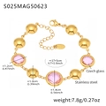 Detail view of pink crystal glass and gold stainless steel anklet with dimension markers - Gold Pink Glass Stone Style (S025)