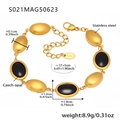 Gold stainless steel anklet with alternating black Czech opal and oval geometric links - Gold Black Opal Style (S021)