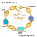 Golden stainless steel bracelet with oval blue Czech opal and lobster clasp closure - Gold Blue Opal Style (S021)