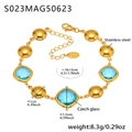 Golden stainless steel anklet featuring square light blue Czech glass and round metal beads - Gold Blue Glass Stone Style (S023)