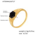 Macro view of gold stainless steel ring with hexagonal black natural stone and relief details - US 7 / Hexagon Cut Gemstone Ring (A795) / Gold
