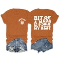 Front and back views of an orange crew neck t-shirt with retro white graphic prints - S / Burnt Orange