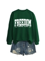 Detail view of freedom charlie kirk sweatshirt with white typography on green fabric - Dark Green Sweatshirt (White Font)