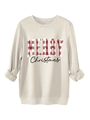 Detail van de Merry Christmas print met ruitjespatroon op beige sweatshirt - S / Zandkleur