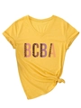 Dettaglio della t-shirt gialla con scollo a V, lettere BCBA leopardate e nodo - S / Giallo