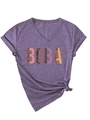 Detail of purple V-neck T-shirt with BCBA leopard print letters and side knot hem - S / Purple