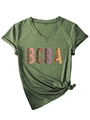 Detail of army green V-neck T-shirt showing BCBA leopard print letters and side knot - S / Olive Green