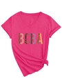 Detail of fuchsia V-neck T-shirt featuring BCBA leopard print patchwork and a side knot - S / Rose Red