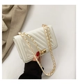 Quilted white patent leather chain bag with golden twist lock and metallic strap - White