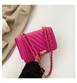 Hot pink patent leather crossbody bag with chevron stitching and gold chain strap - Rose Red