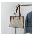 Vintage large capacity tote bag in gray marble canvas with brown leather handles - Green