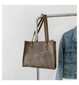 Vintage large capacity tote bag in dark grey marble pattern with brown leather trim - Khaki