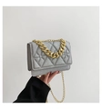 Sparkly silver crossbody bag with gold chunky chain handle and diamond quilt pattern - Silver