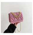 Quilted pink glitter small crossbody bag with gold chunky chain handle and long strap - Pink