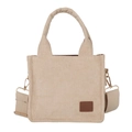 Beige corduroy tote bag with dual handles and adjustable strap on white background - Beige