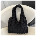 Soft black bubble textured nylon tote bag with 3D pleated design and integrated handle - Black