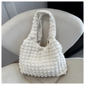 Chic beige bubble textured nylon tote bag in a minimalist soft style shoulder design - White